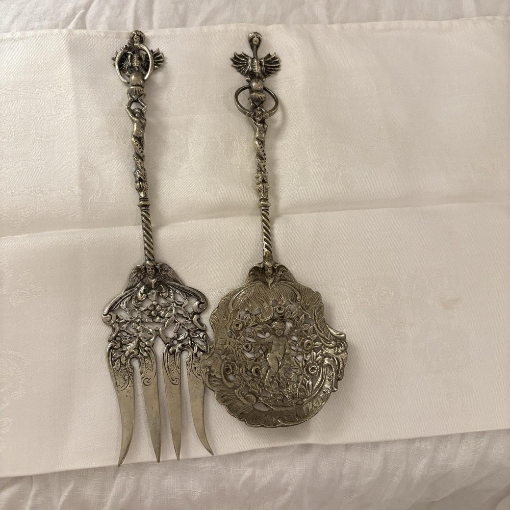 Vintage Bordini Italian Brass Serving Fork & Spoon Ornate Griffin Angels Cherubs